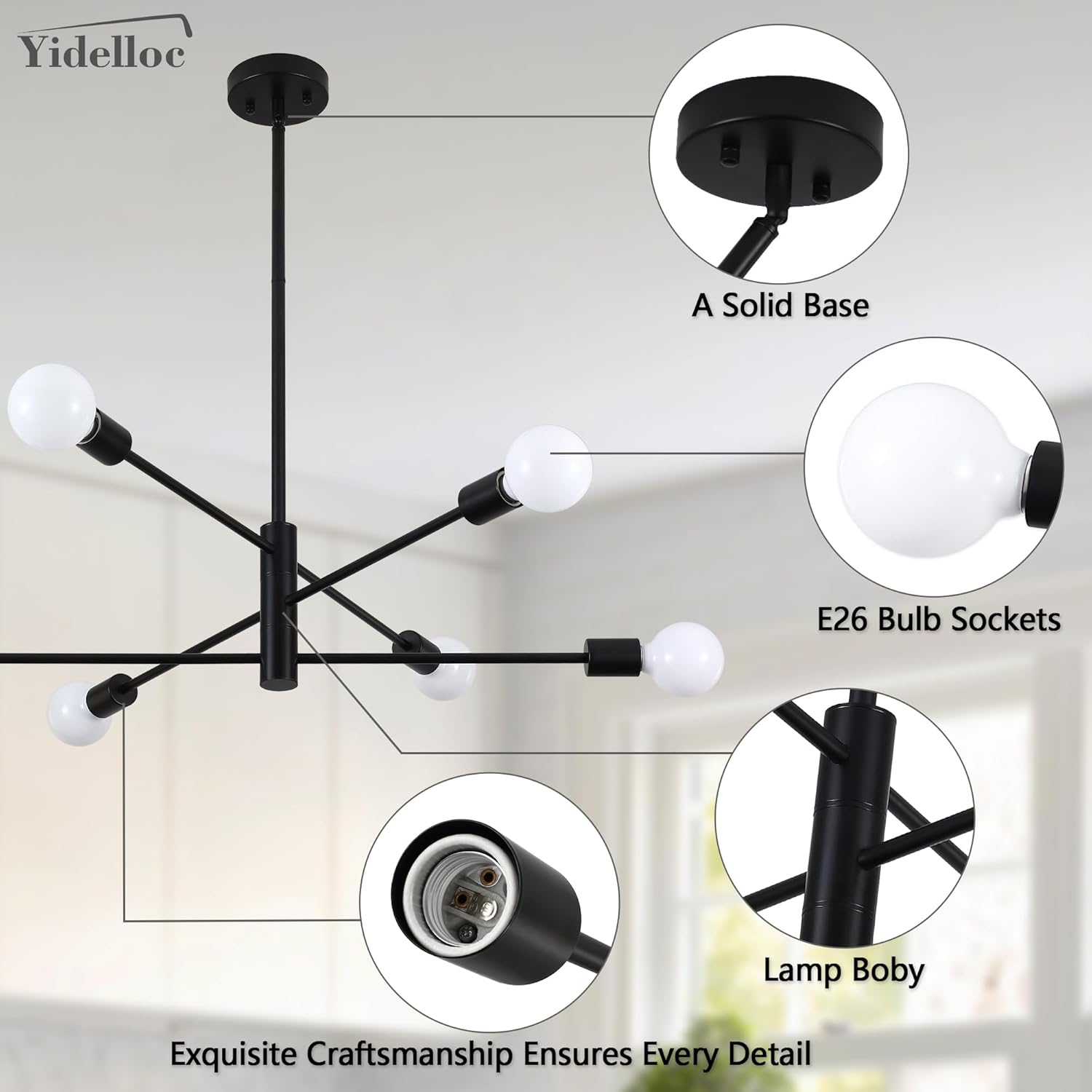 6 Lights Black Sputnik Chandeliers Modern Light Fixtures, Mid Century Chandelier Adjustable Length Pendant Light for Dining Room, Bedroom, Living Room, Kitchen, Farmhouse