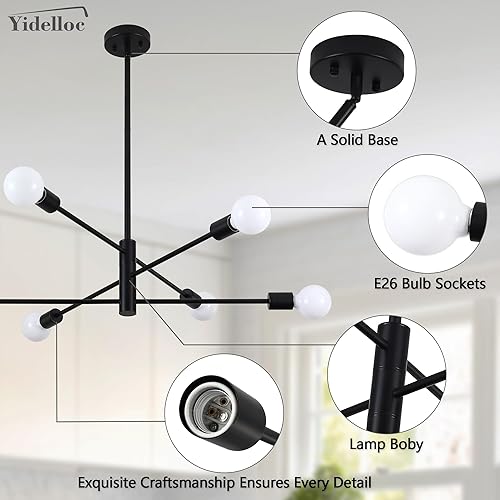 Miniatura 5 de Candelabros Sputnik negros de 6 luces, lámparas modernas, lámpara de mediados de siglo, lámpara colgante de longitud ajustable para comedor,