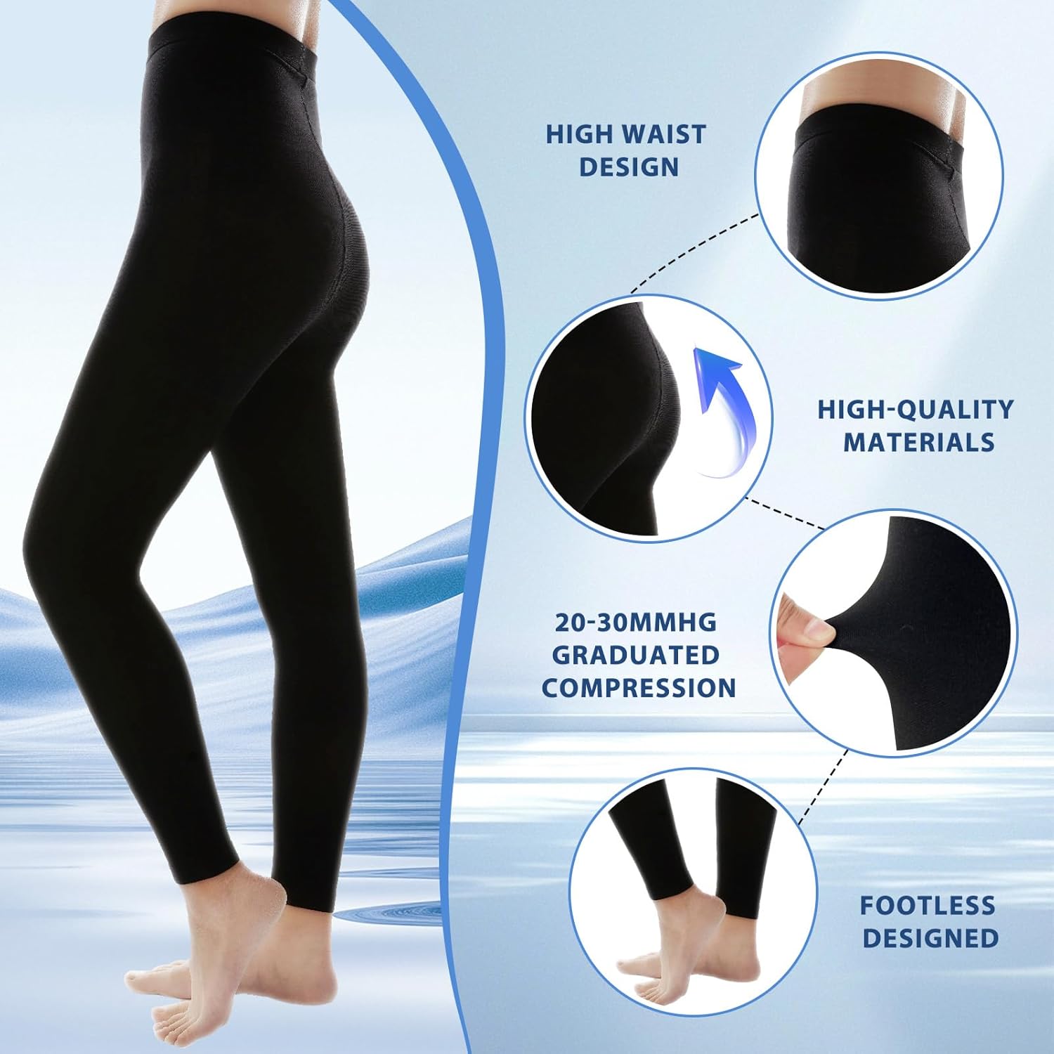 20-30 mmHg Compression Pantyhose Stockings for Women, Footless Medical Compression Stockings, Waist High Opaque Graduated Support Compression Tights for Varicose Veins, Swelling, Teacher, Doctor - Image 2
