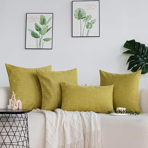 Miniatura 5 de Juego de 4 fundas de almohada decorativas de lino con textura neutra de 18 x 18 pulgadas, color verde claro, fundas de almohada cuadradas para sofá,