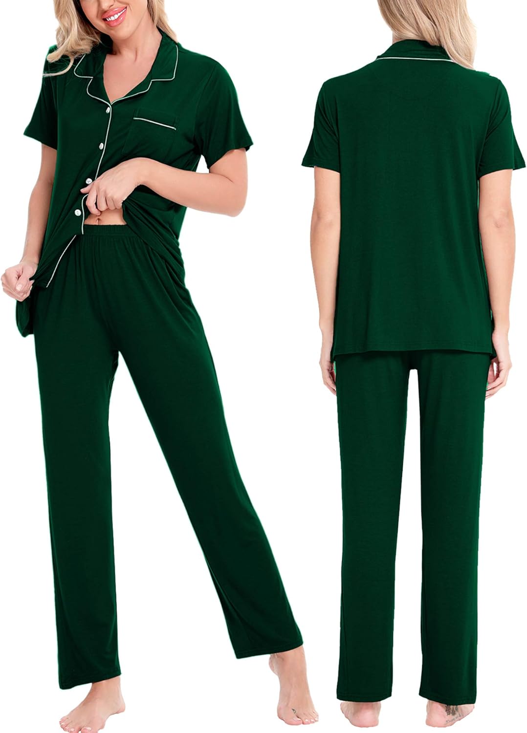 SWOMOG Women Pajama Sets Two-Piece Nightwear Short Sleeve Sleepwear Button Down Pj Lounge Sets with Long Pants - Image 2