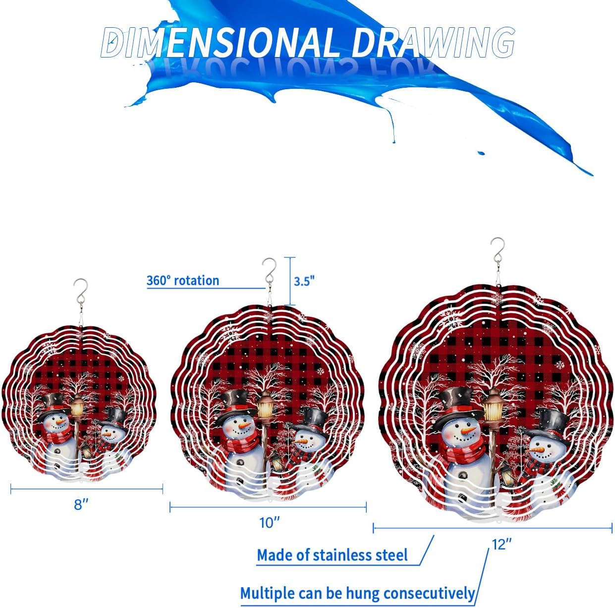Snowman Wind Spinners, Snowflake Red Buffalo Plaid Winter Christmas Hanging Wind Spinners for Yard and Garden 3D Stainless Steel Metal Sculptures Crafts Ornaments 12 inch