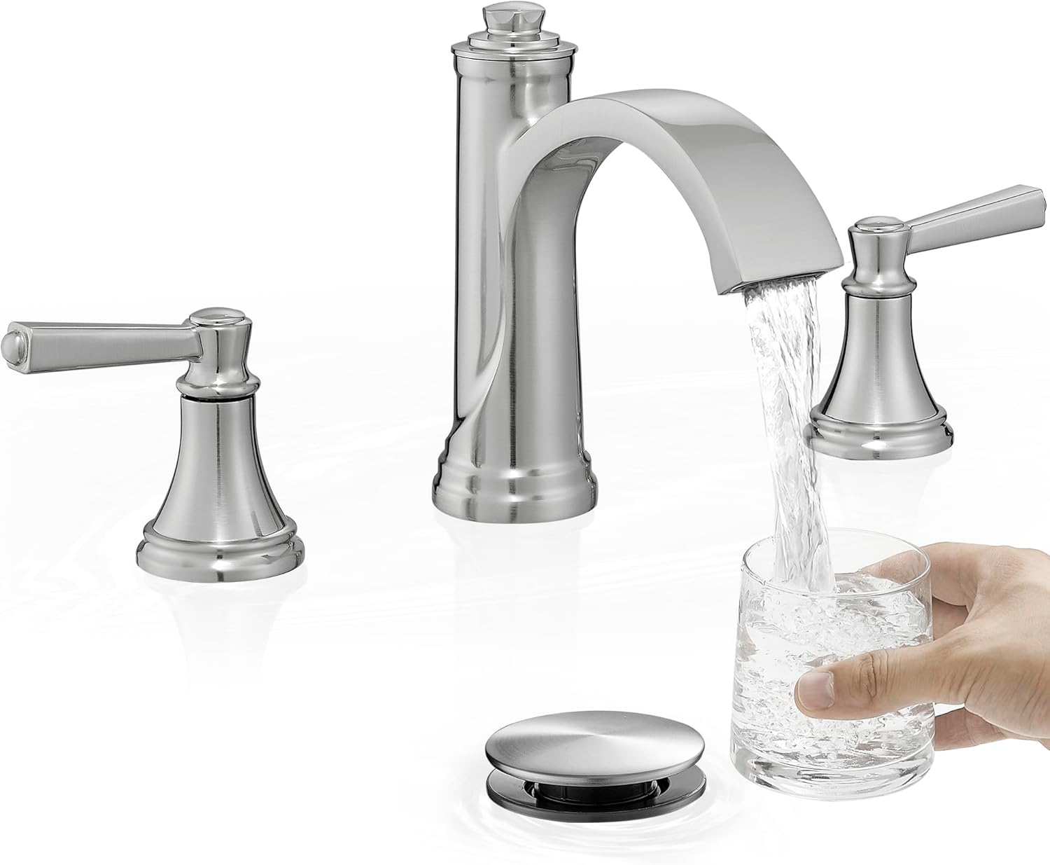 Brass Waterfall Bathroom Faucets, Brushed Nickel Bathroom Faucet 4-16 Inch, 2 Handle Widespread Bathroom Sink Faucet 3 Hole with Pop Up Drain and Supply Lines