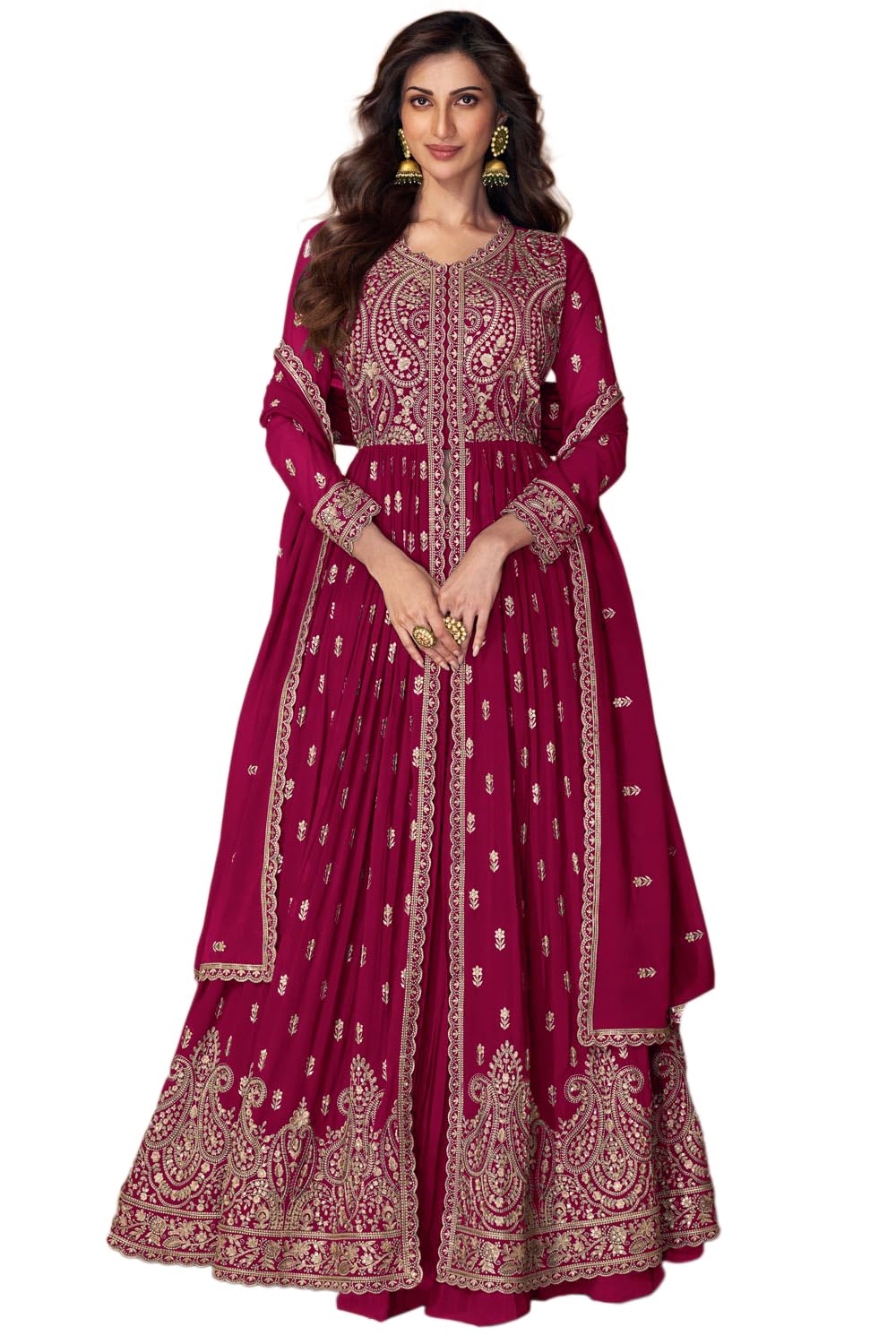 Miss Ethnik Women's Faux Georgette Stitched Embroidered Anarkali Kurti Bottom and Dupatta Full Sleeve