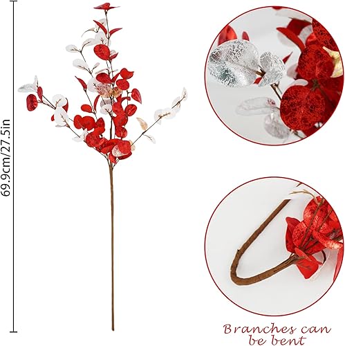 Miniatura 6 de Agusbagli 6 hojas artificiales de eucalipto de 28 pulgadas de alto, flores de Navidad de terciopelo, tallos verdes, decoraciones de invierno para