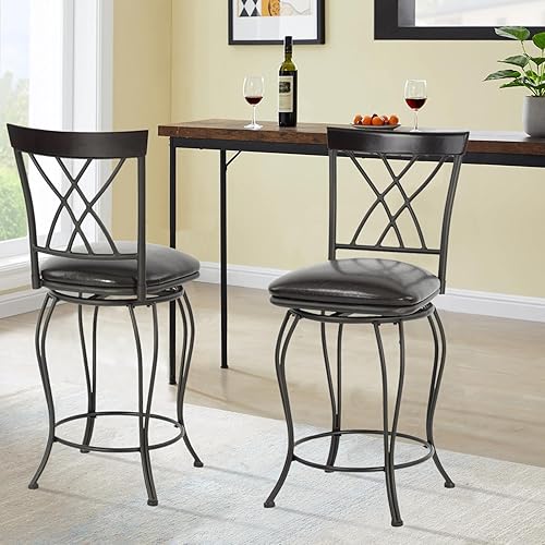 Miniatura 2 de FurnitureR Juego de 2 taburetes de bar clásicos, elegantes taburetes de bar giratorios con respaldo de metal y reposapiés para cocina, isla, pub,