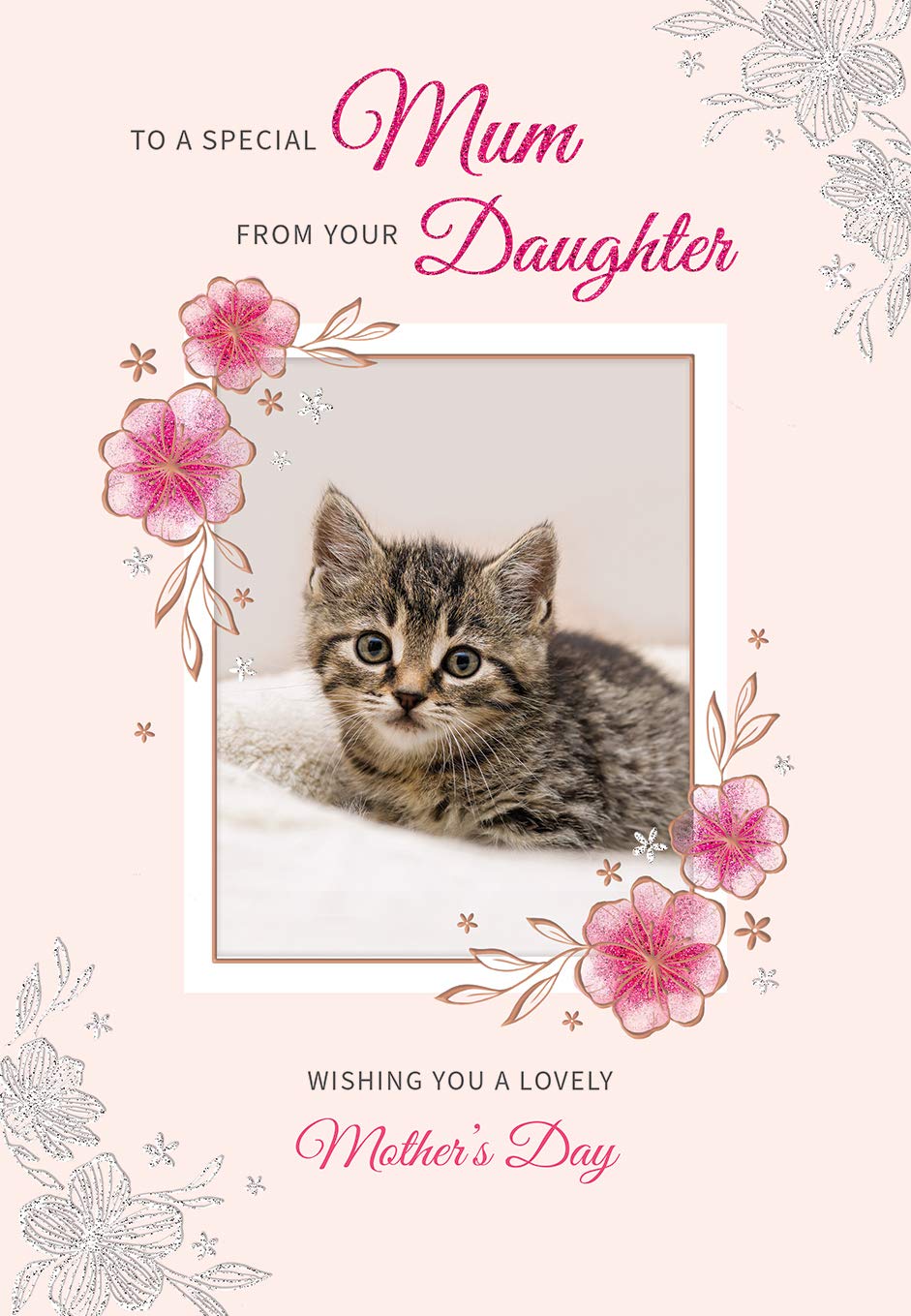 Pink Striped Heart Photo Upload Mother's Day Card