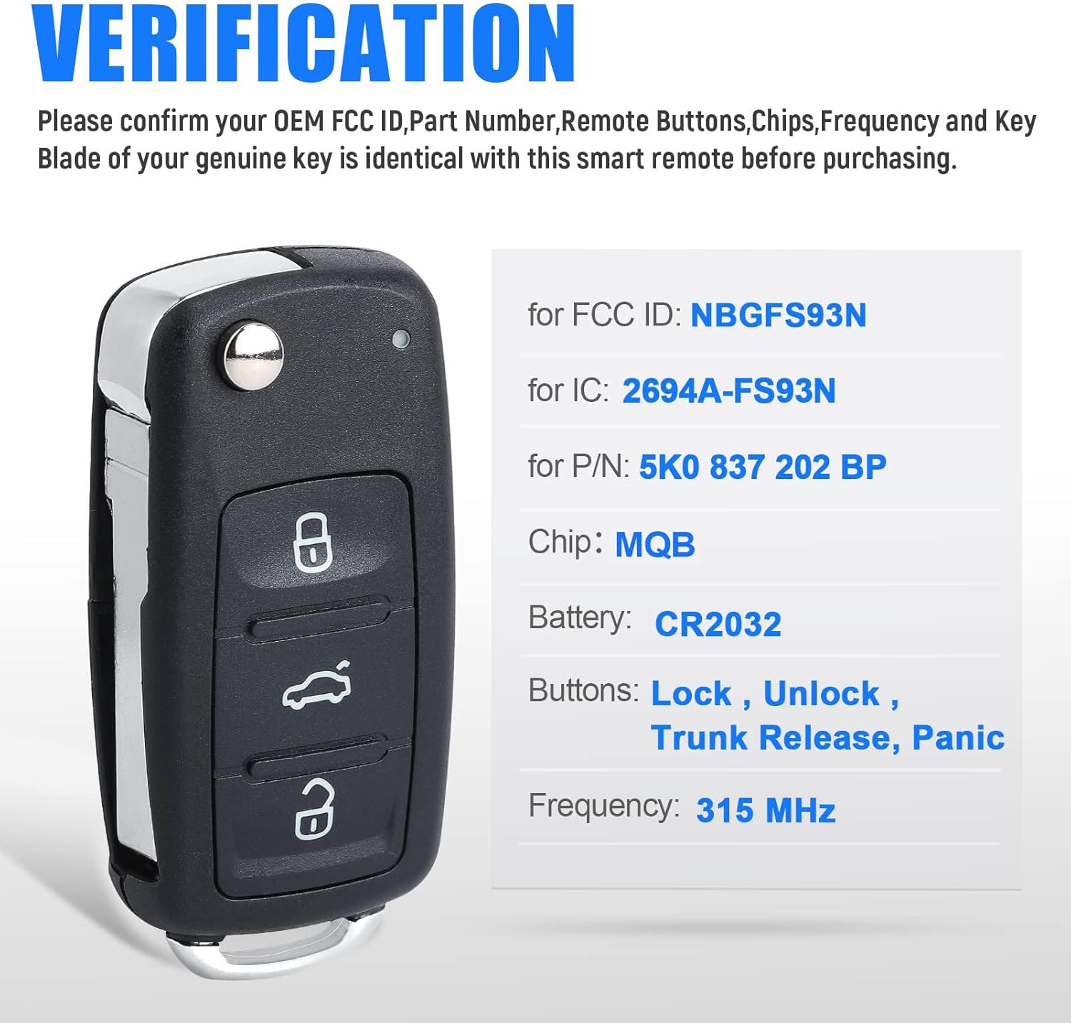 Keymall Car Key Fob Keyless Entry Remote Control Replacement for VW Volkswagen Jetta Passat 2017 2018 2019 FCC ID:NBGFS93N P/N:5K0837202BP MQB Chip 3+1 Buttons (Without Keyless-go)