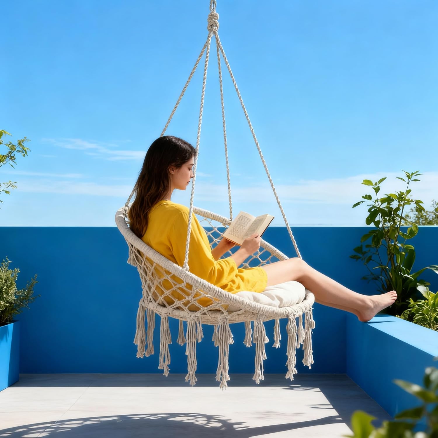 Macrame Hammock Hanging Swing Chair with Cushion and Hardware Kit, Handmade Knitted Boho Hanging Chair for Room Patio Porch Balcony Yard Deck Garden, Up to 350Lbs, 31.5" L x 31.5" W x 53.1" H (Beige)