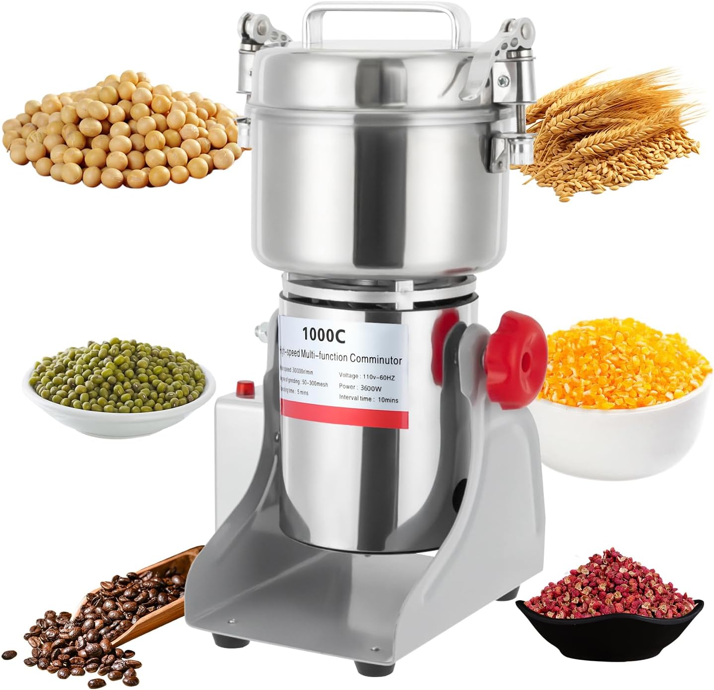 Electric Grain Mill Grinder 1000g, 3600W Stainless Steel Mill Grinder 30000r/min High Speed Food Grain Mill 180° swingable Superfine powder for Home and Commercial
