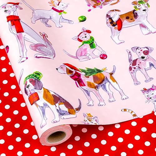 MAYPLUSS Paquete de papel de regalo navideño rosa para mascotas, envoltorio navideño para perros y gatos, diseño de lunares con perritos y gatitos