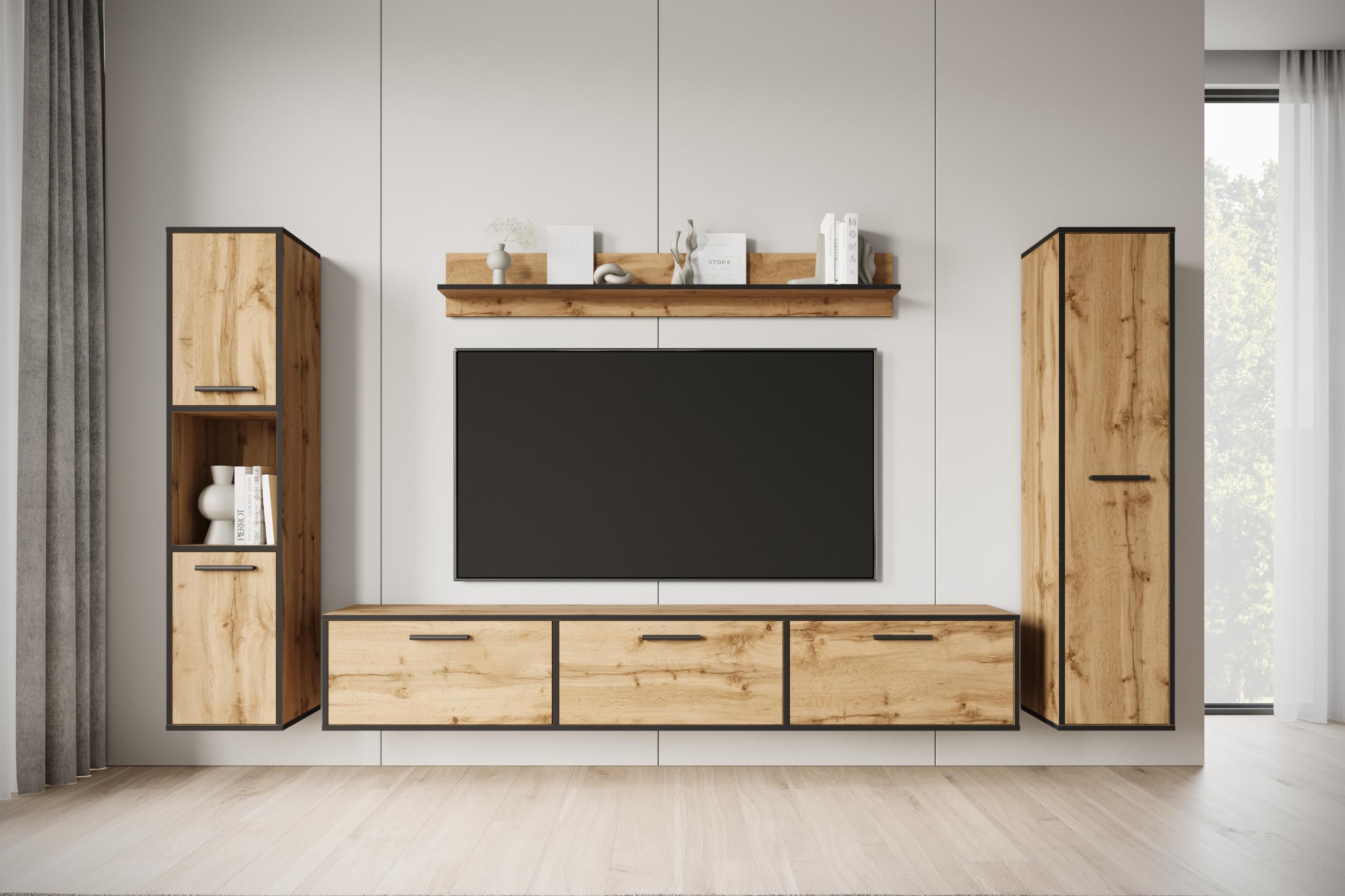 MINIO go for it - Wohnwand Wohnzimmer 4-teilig Toga, Wohnzimmer Möbel Set, 1x TV Lowboard, 2X Hochschrank, 1x Wandboard, Wohnzimmermöbel Komplett, Wohnzimmer Set - Farbe Wotan Eiche/Schwarz Farbe