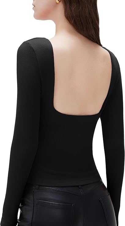 SUUKSESS Women Backless Going Out Tops Padded Modal Basic Long Sleeve Shirts