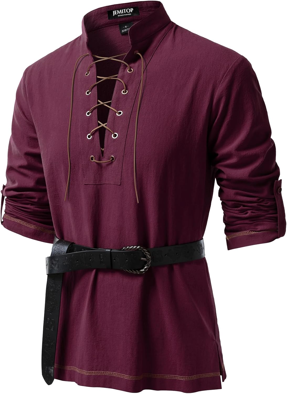 JEMITOP Men's Renaissance Cotton Lace Up Shirt Mandarin Collar Long Sleeve Costume for Medieval Pirate Viking Without Belt