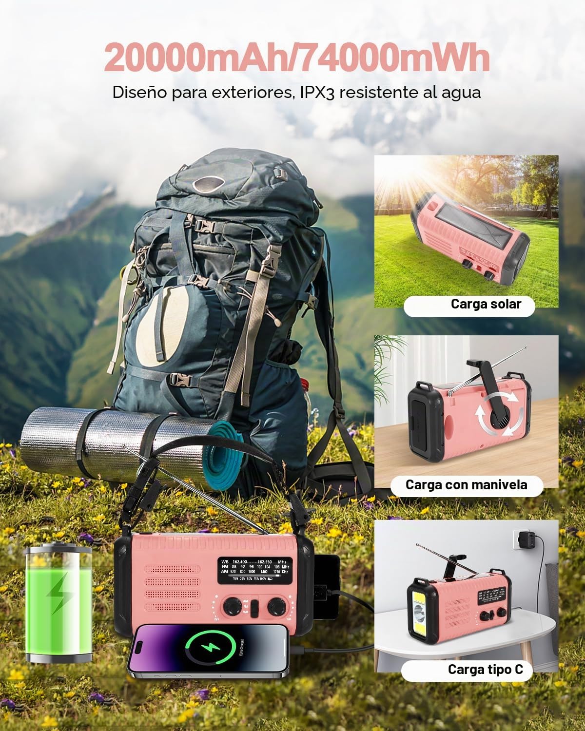 Radio Kurbel de 20000 mAh, radio de notificación solar portátil con amplificador AM/FM, alarma SOS, lámpara de luz LED y lámpara de bolsillo, notificación de caída (Rosa)