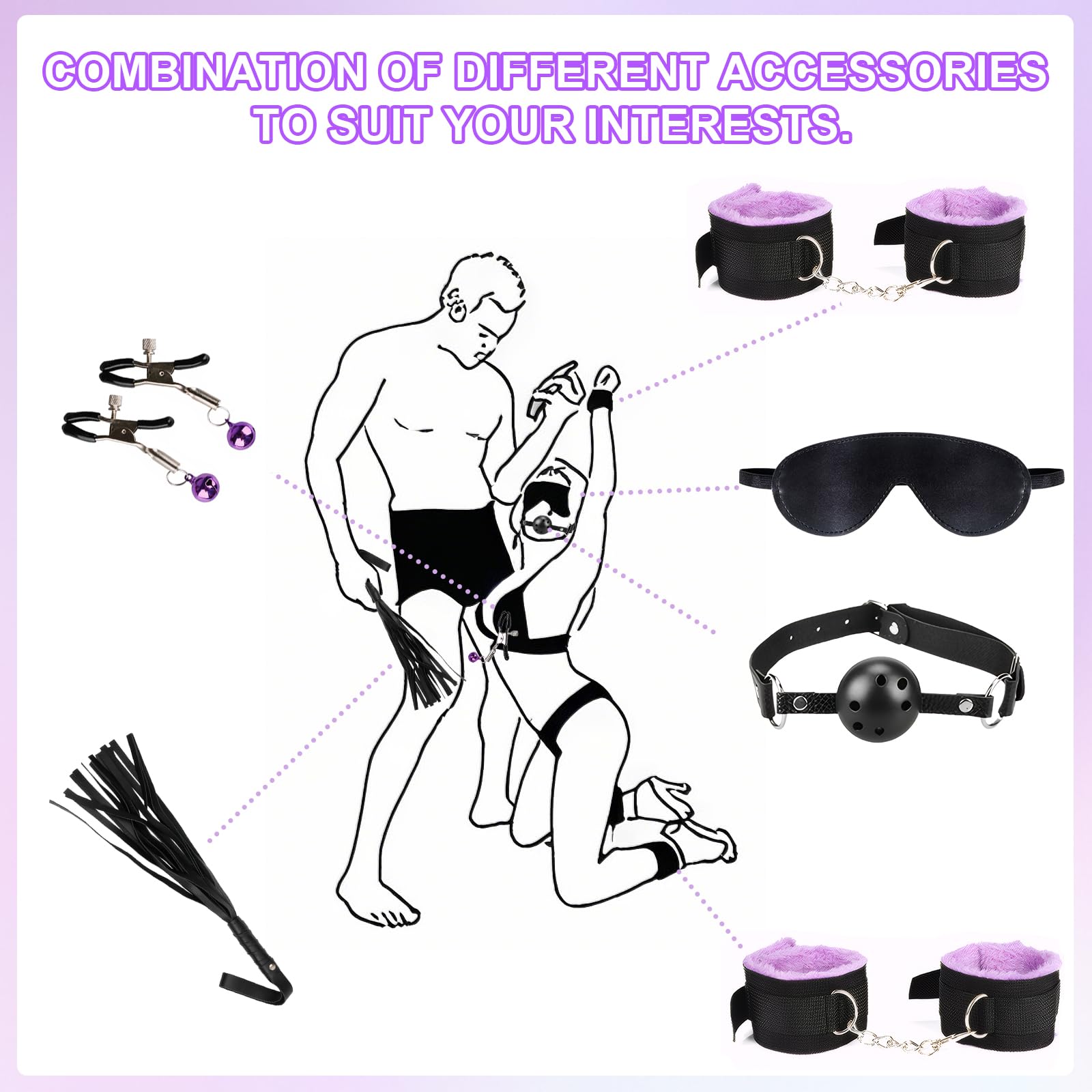 Sex Bondage Ties 15PCS BDSM Kit, Set de Juguetes Eroticos Sexuales para Parejas Set Bondage Ajustable Juegos de Adultos para Parejas Set de Sujeción para Accesorios Sexuales Plug Anal (Púrpura)