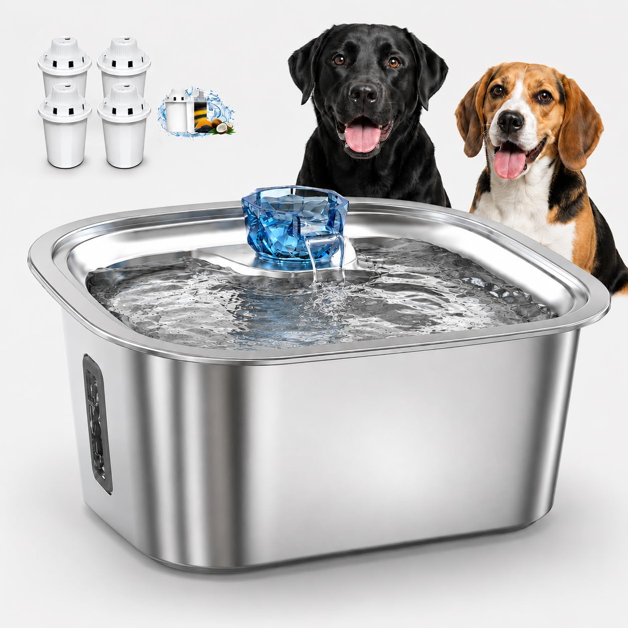 PETNF 2.4-Gallon Stainless Steel Dog Water Fountain for Large Dogs, Dog Water Bowl Dispenser with 4 Filters, Visible Water Window, Quiet Pump &amp; LED Low-Water Indicator