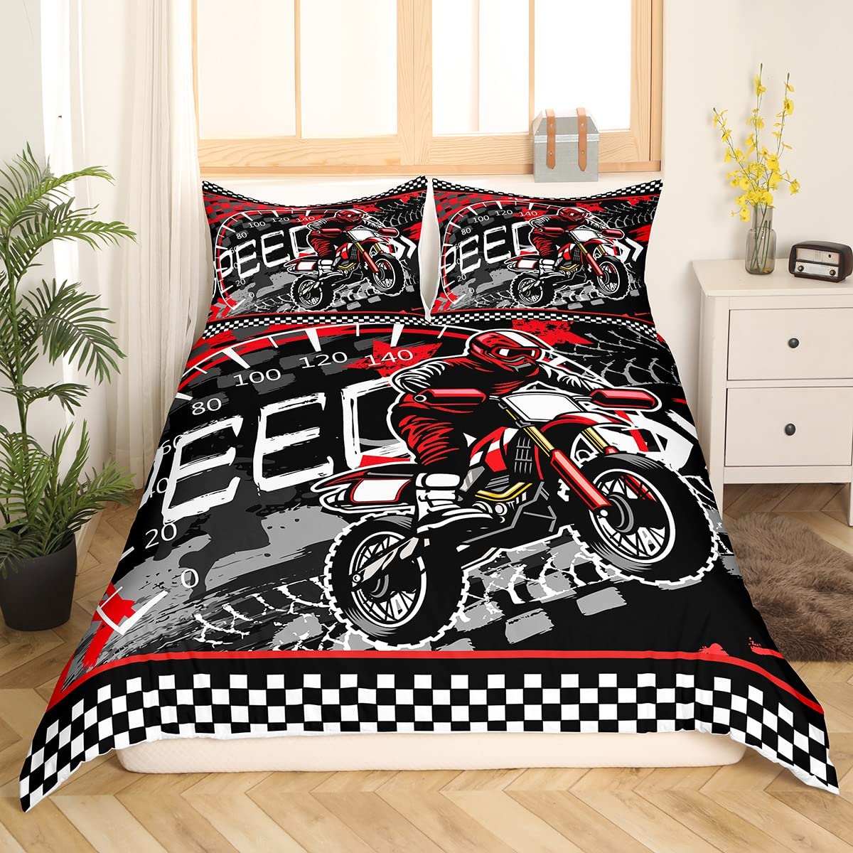 Feelyou Red Dirt Bike Duvet Cover Speed Dirt Bike Bedding Set Extreme Sports Comforter Cover for Boys Girls Bedroom Decor Racing Motocross Rider Bed Set Twin Size with 1 Pillow Case (No Comforter)
