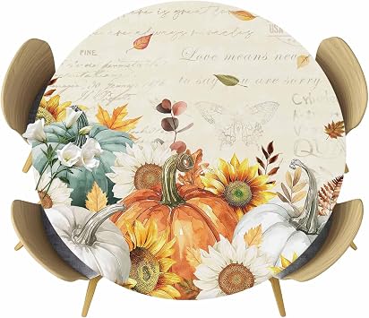 Round Tablecloths with Elastic Edged Vintage Thanksgiving Pumpkins Fitted Table Cloth Fits Tables up to 45"-54", Fall Maple Leaf on Letter Waterproof Table Cover for Indoor Outdoor Party