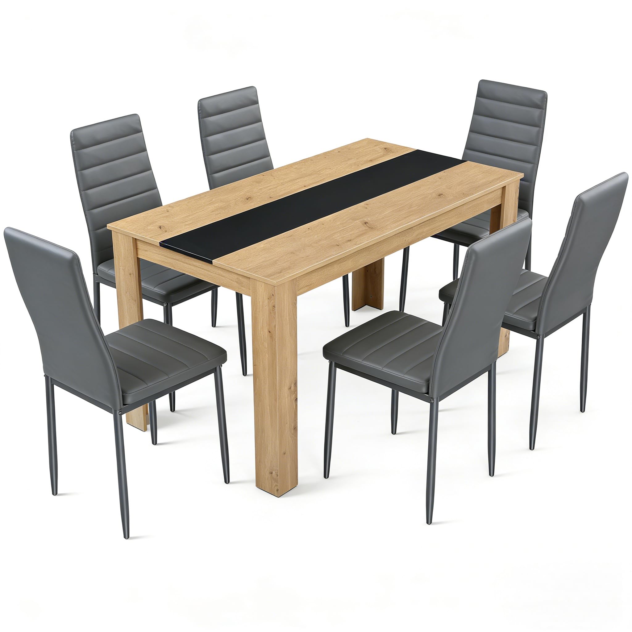 Set Tavolo e Sedie da Pranzo, 1 Tavolo e 6 Sedie, Tavolo Rettangolare: 140x70x75cm, Sedie: 40x39x98cm, adatto Sala da Pranzo, Cucina e Soggiorno
