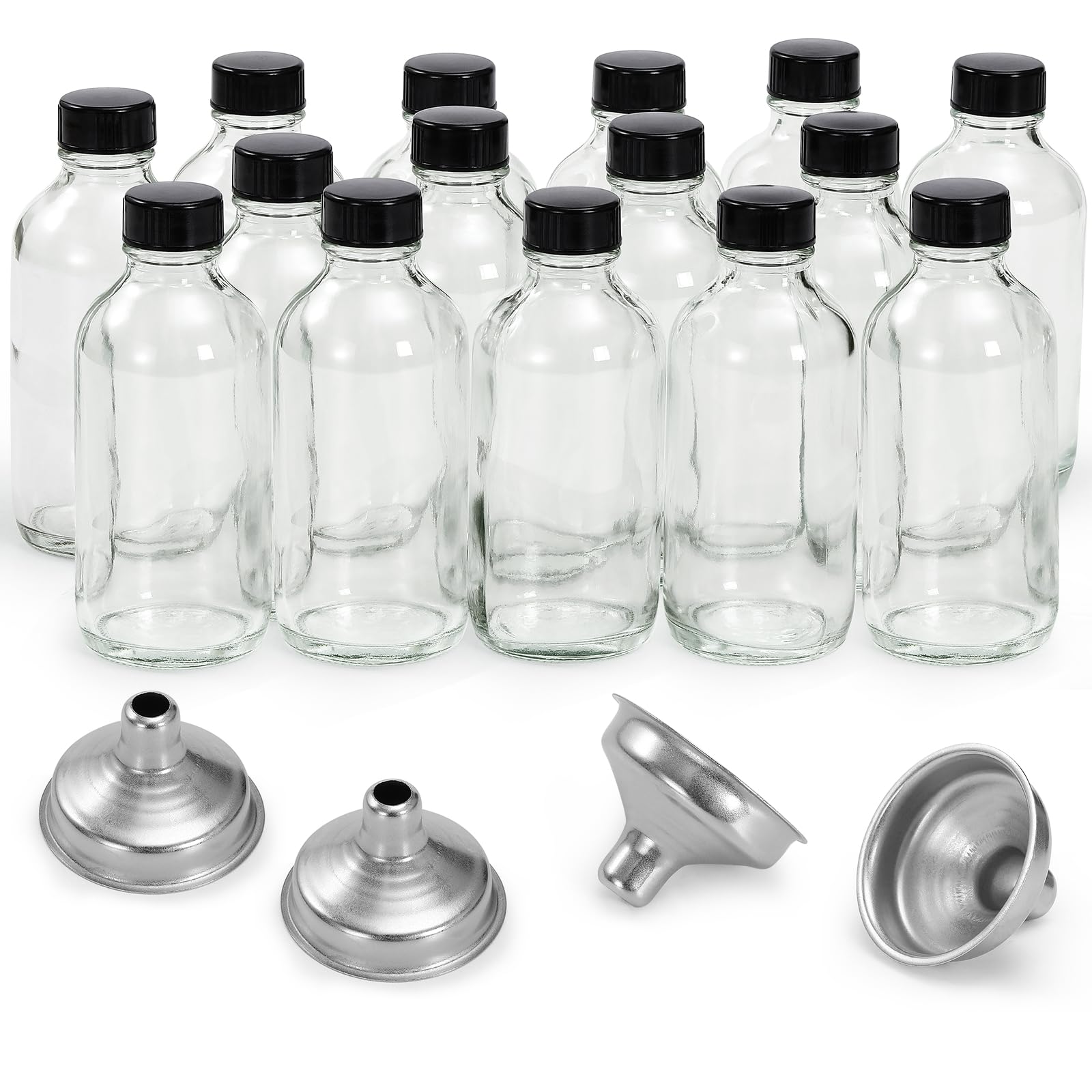 Photo 1 of 15 Pack, 4 oz Small Clear Glass Bottles with Lids & 4 Stainless Steel Funnels - 120ml Boston Sample Bottle for Potion, Juice, Wellness, Ginger Shots, Whiskey, Liquids - Mini Travel Essential Bottles