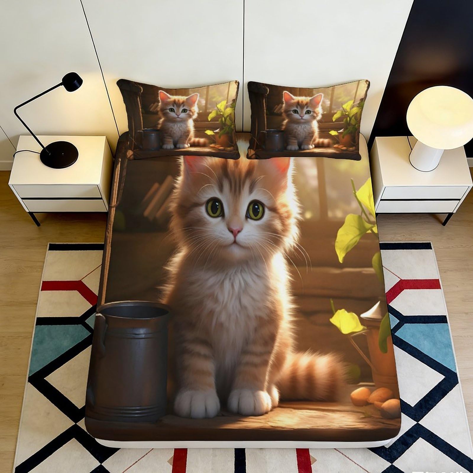 3D Printed Cute Kitten Fitted Sheet Microfiber Soft Durable 3D Printed Cat Mattress Cover for Bedroom Dormitory Guest Room Easy Care 200x200x25cm