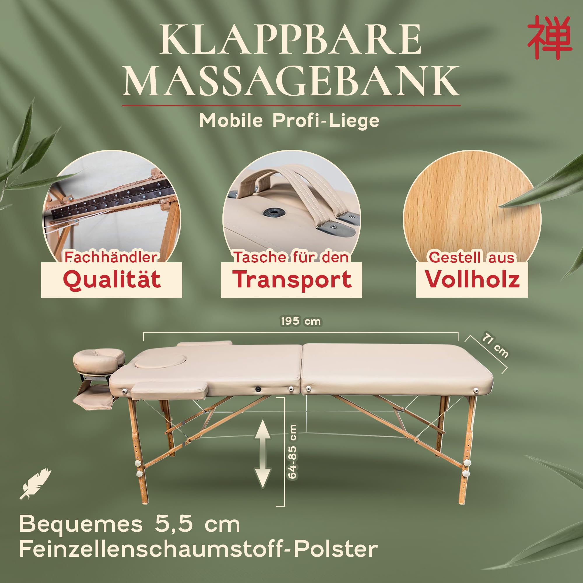 ZEN BASIC III Massageliege klappbar & mobile Massagetisch aus Holz, stabile Massagebett - Massagebank höhenverstelbar, Tattoo & Kosmetikliege, Behandlungsliege mit Kopfteil, Armstütze & Tasche (Creme)