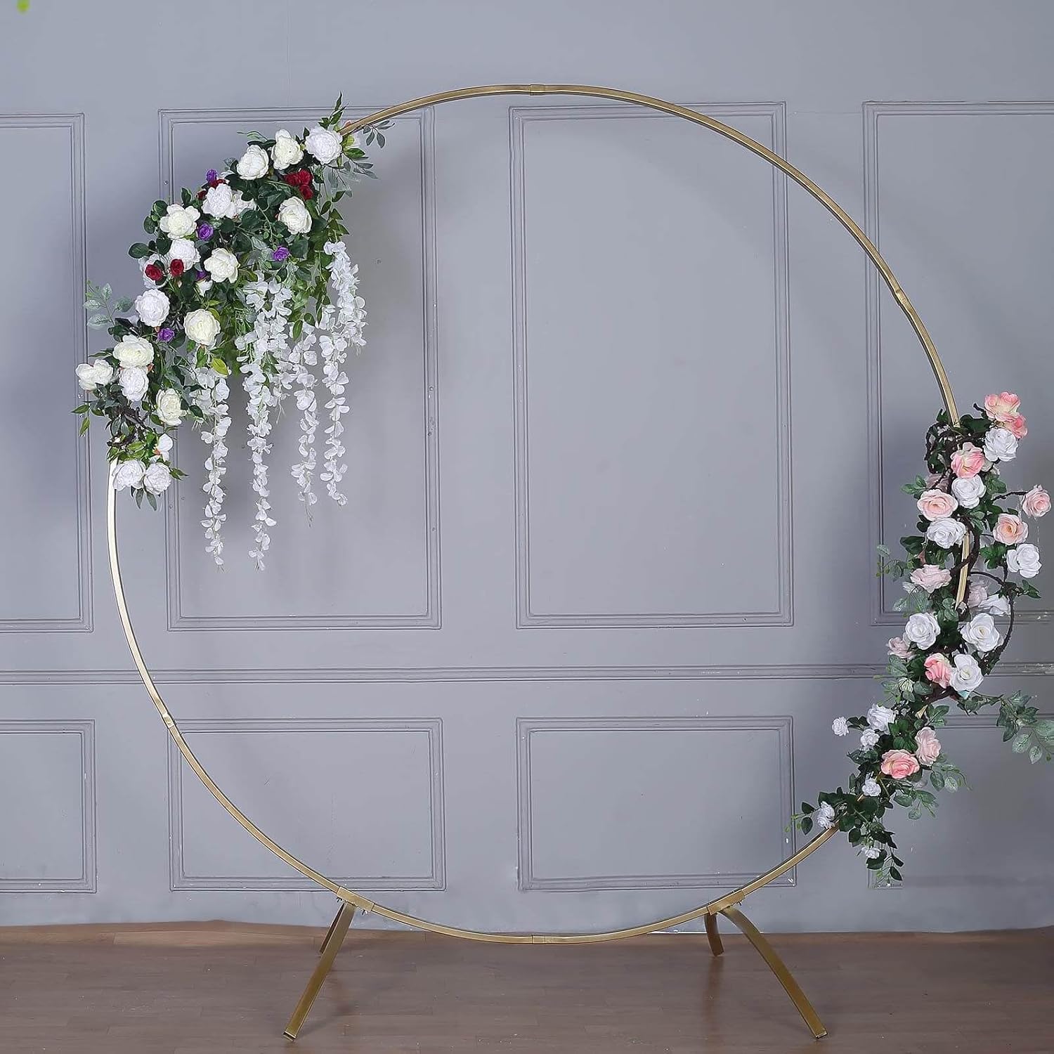 Efavormart 7.5 Ft Round Gold Metal Wedding Arch Photo Booth Backdrop Stand - 100 Lbs Capacity