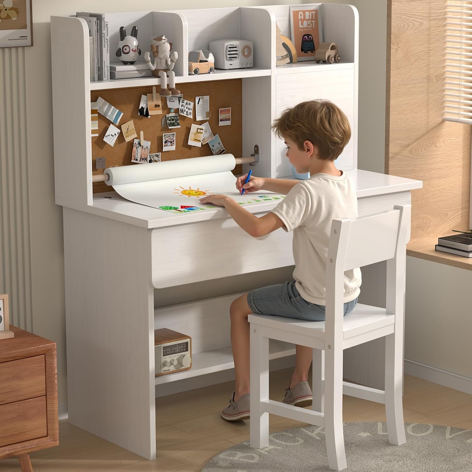 White Wooden Kids Study Desk and Chair Set, Childrens Desk with Paper Roll Rack,2 Drawers,Storage Cabinets and 3 Storage Open Shelves,Boys & Girls Study Desks for Bedroom and Kidsroom