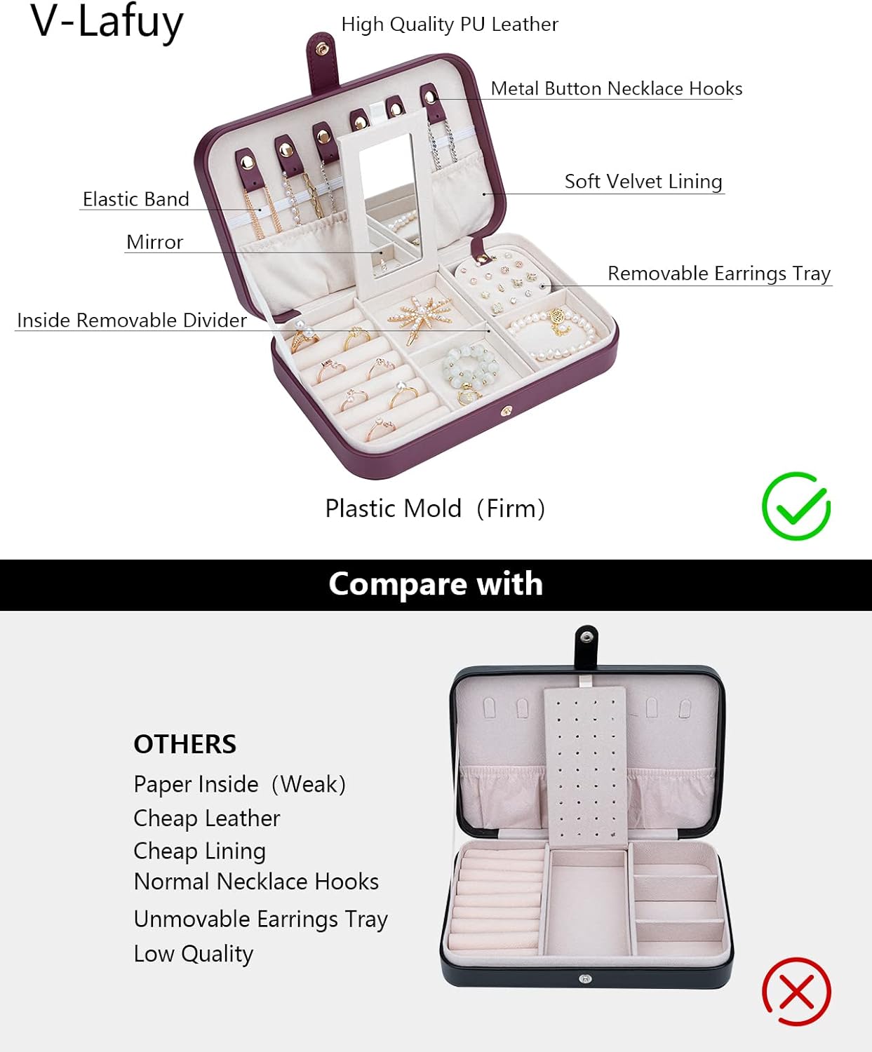 Jewelry Travel Organizer, Travel Jewelry Box Portable, Small Travel Jewelry Case with Mirror, PU Leather Small Jewelry Box for Women, Burgundy Red B - Image 3