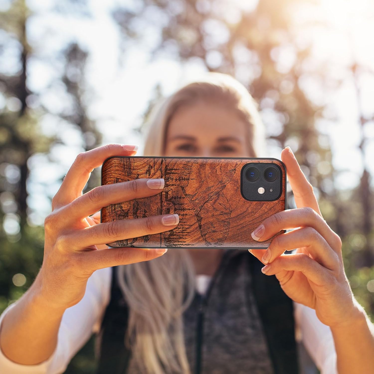 Carveit Magnetic Wood Case for iPhone 12 Case [Natural Wood & Black Soft TPU] Shockproof Protective Unique Wooden Cover Compatible with MagSafe (Lakes and Mountains - Rosy)