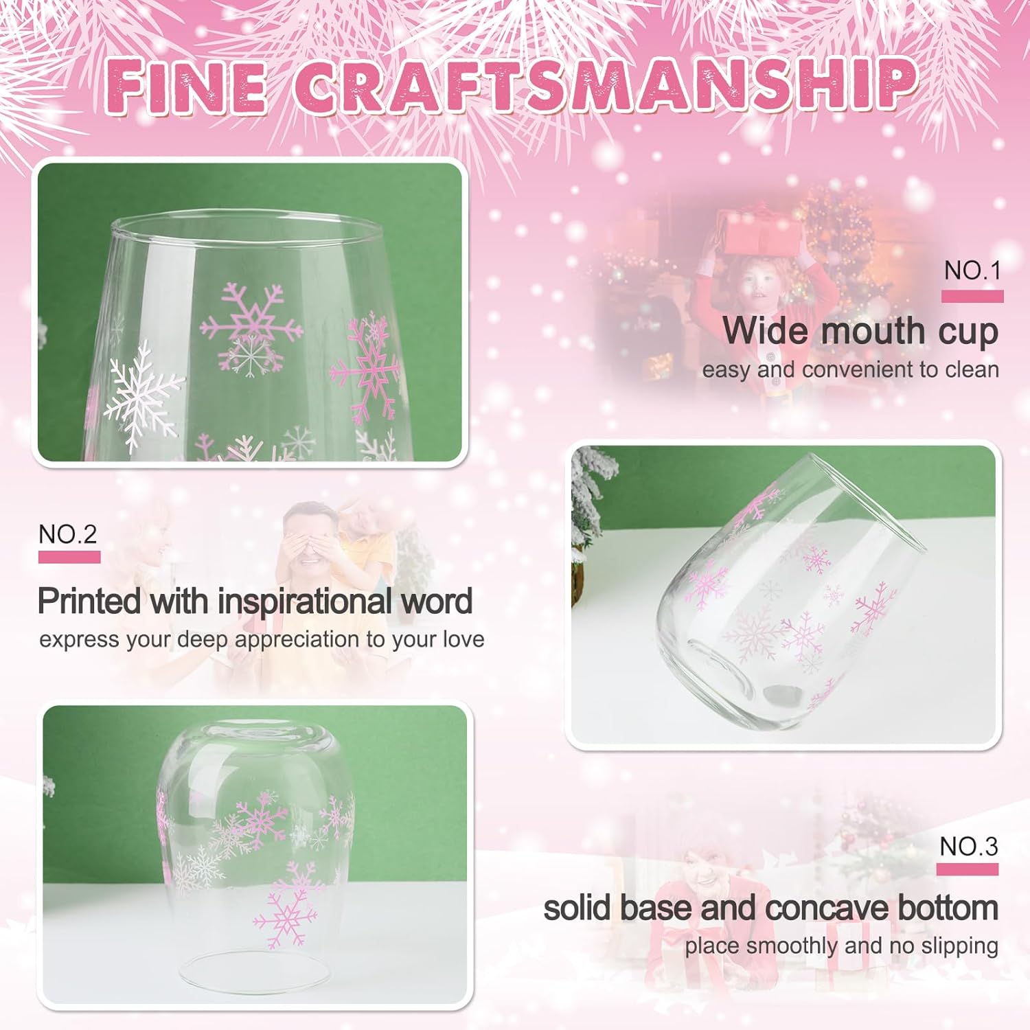 Maxcheck Snowflake Winter Wine Glass Set, Set of 6 Stemless Glasses with Snowflake Design Christmas Birthday Gift for Family Xmas Winter Present Holiday Party Gift, 17 oz (Pink) - Image 3