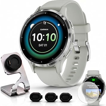 Garmin Venu 3S Slate Stainless Steel Bezel AMOLED Smartwatch, 41mm Pebble Gray Case, 010-02785-00 - Bundle w/Deco Essentials Charging Dock, Dust Cover and Screen Protector