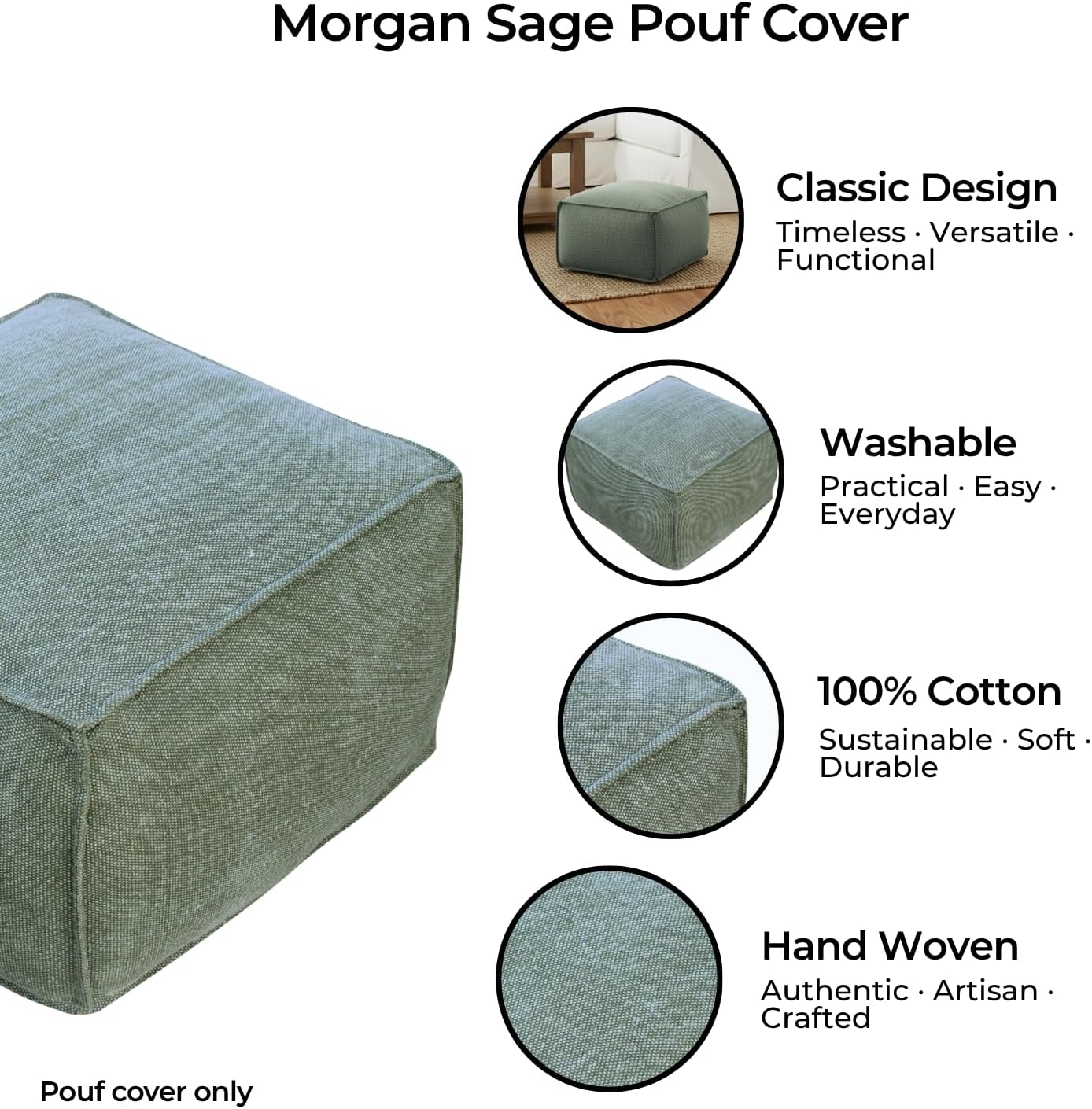 Morgan Ottoman Unfilled Cover – 24x24x16” Stonewashed Cotton, Handwoven Pouf in Sage – Soft Floor Cushion or Foot Stool For Bedroom, Living Room, Reading Nook – Cottagecore, Boho & Modern Decor