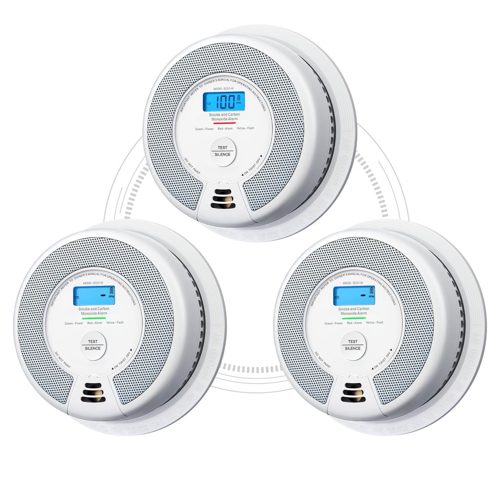 Wireless Interlinked Combination Smoke and Carbon Monoxide Alarm, Smoke Alarm for Home with LCD Display & 10-Year Battery, Link+ Series, SC07-W, 3-Pack