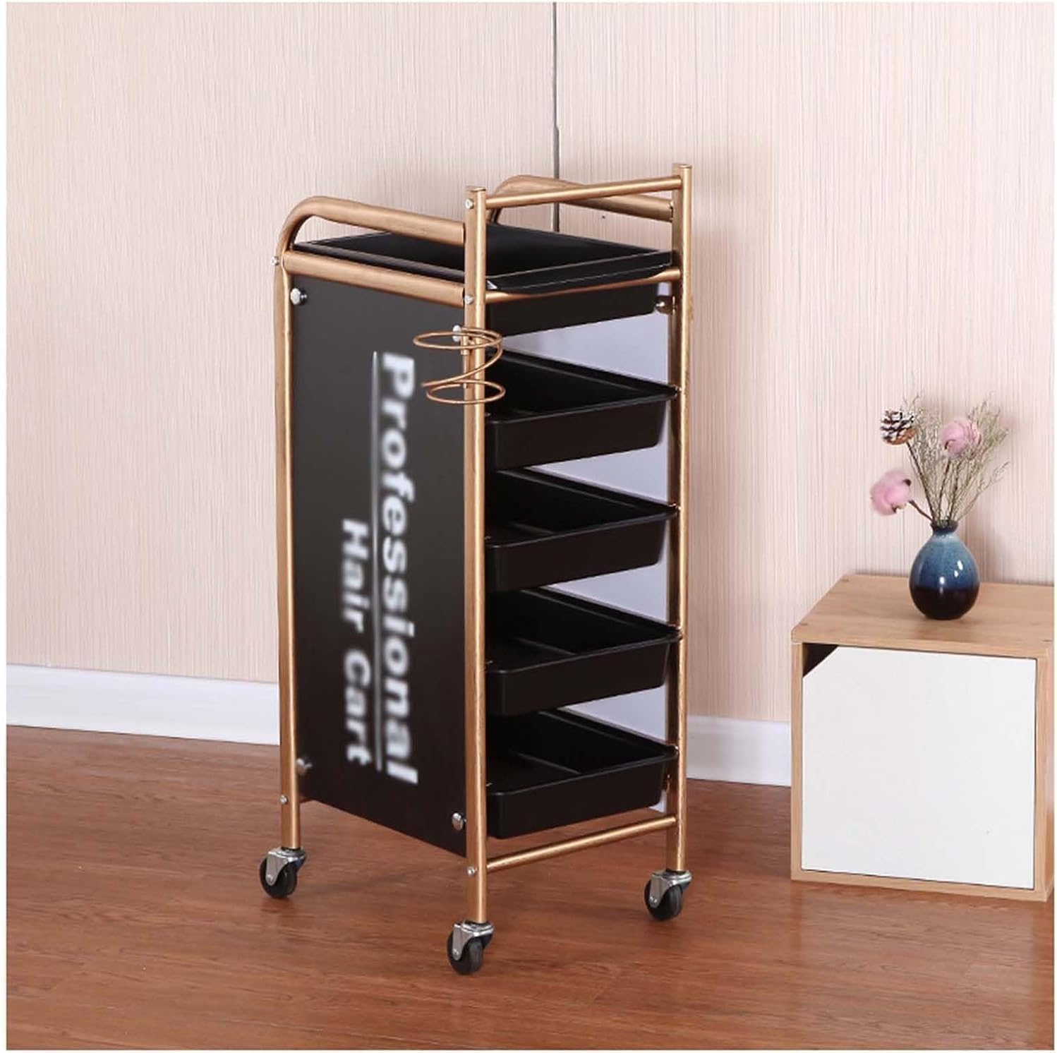 サロンローリングカート 5段サロントロリー スチールサロンカート ブロードライヤーラック トロリーカート ホイール付き 理髪店収納カ