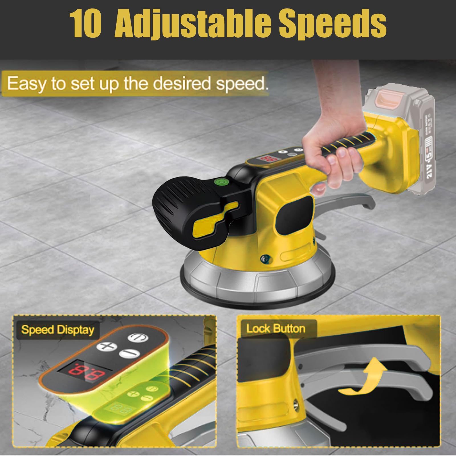 Herramienta inalámbrica de vibración de azulejos, azulejo compatible con batería Dewalt de 20 V, máquina de azulejos con 10 engranajes ajustables, absorción de 850 kg, motor de 23000 rpm, ventosa de