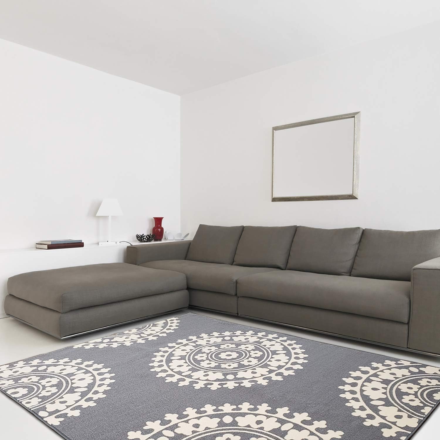 Qute Home European Medallion Non-Slip Rubber Backed Area Rugs & Runner Rug (Grey - Ivory) (3 ft X 5 ft. Area Rug)