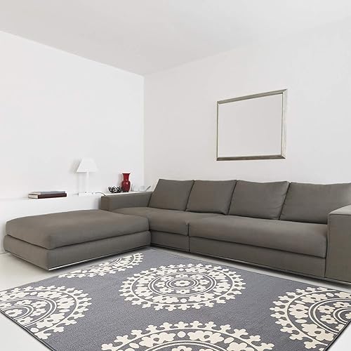 Miniatura 2 de Qute Home European Medallion - Alfombra antideslizante con parte trasera de goma y alfombra de pasillo (gris, marfil) (5 pies x 7 pies)