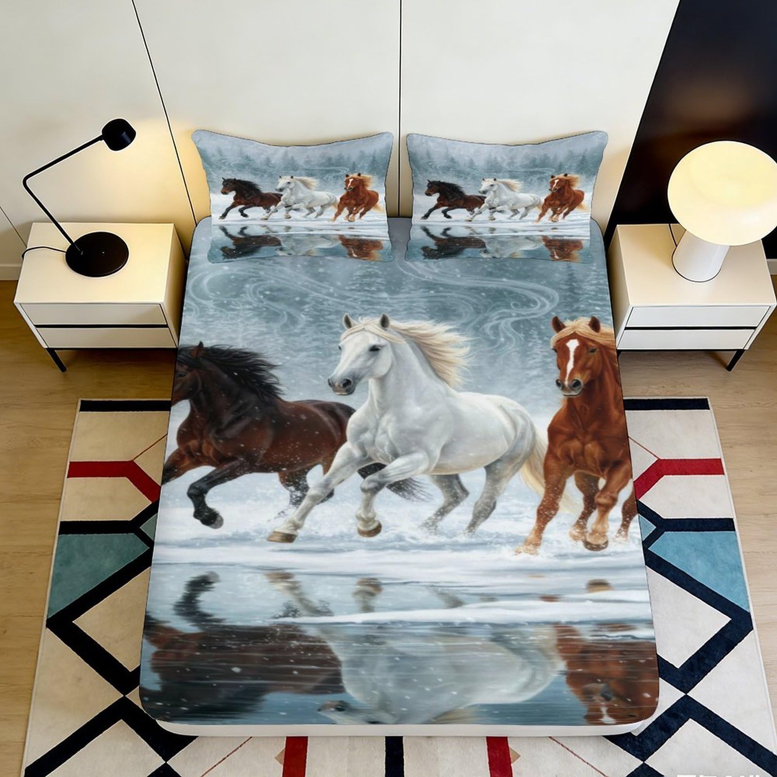 3D Printed Running Horses Fitted Sheet Microfiber Artistic Wild Horse Mattress Cover Bedroom Dorm Protector 140x200x25cm