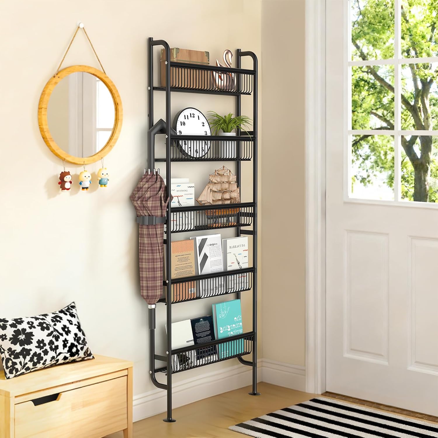 NECHEGE Slim Shelf Behind Door Storage Rack, 5-Tier Multi-Purpose Space-Saving Organizer for Bathroom, Kitchen, Living Room-Sturdy Metal Bookshelf for Narrow Spaces