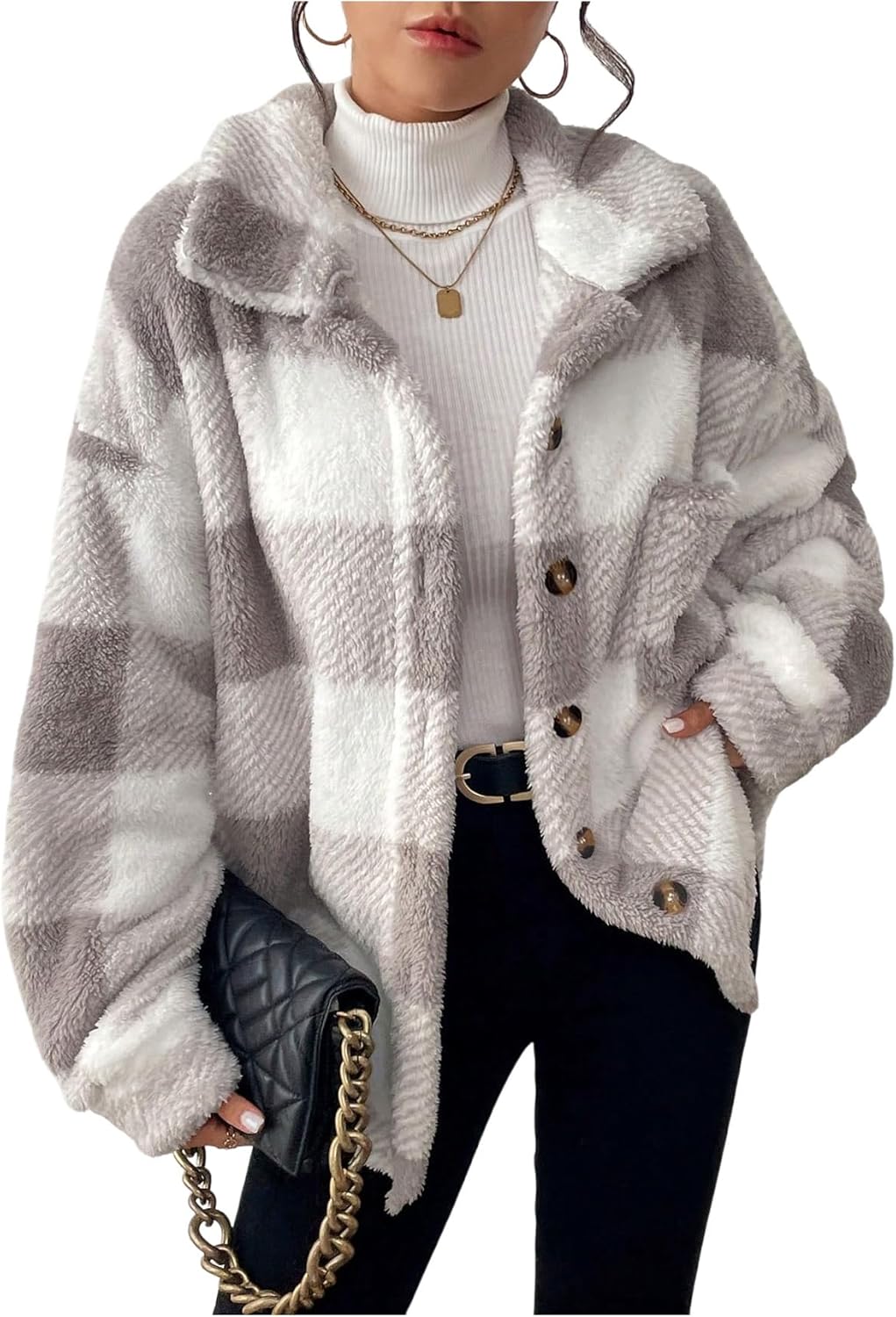 Floerns Women's Plaid Sherpa Fleece Jacket Long Sleeve Button Fall Clothes Fuzzy Coat