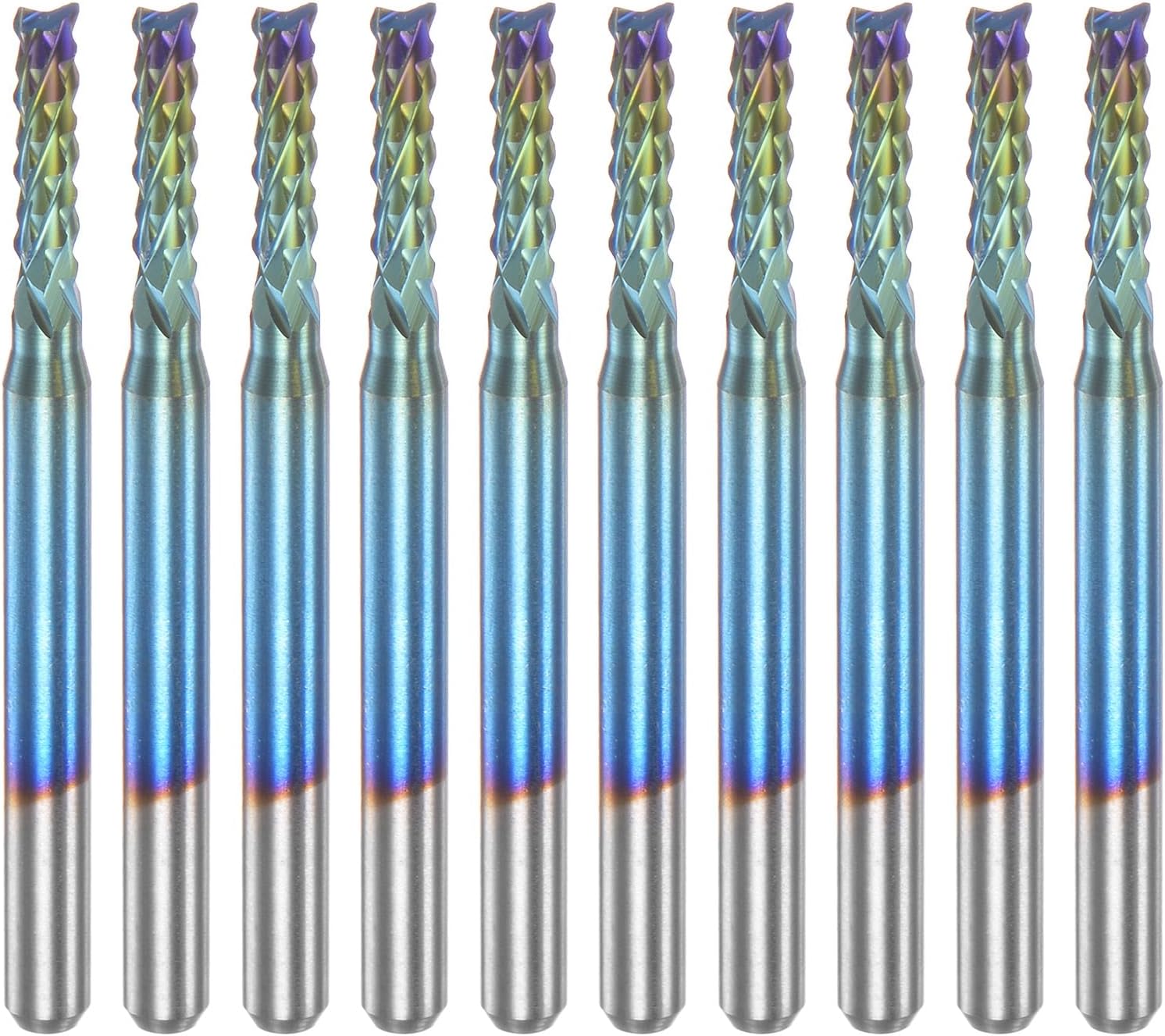 HARFINGTON 10pcs End Mills CNC Router Bits 1/8" Shank 2.4mm Blue Coated Tungsten Carbide Milling Cutters for PCB Acrylic Wood Aluminum Metal