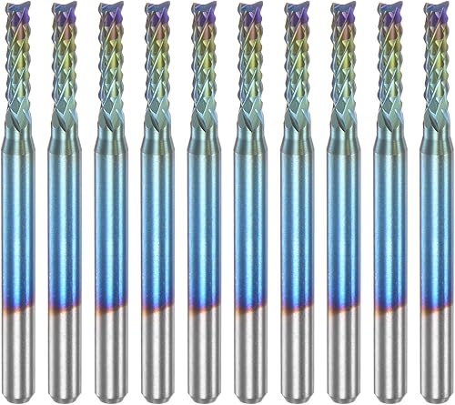 HARFINGTON 10 Uds. Fresas de extremo CNC Router Bits 1/8 "Shank 0.094 in Blue Coated Tungsten Carburo Fresas para PCB Acrílico Madera Aluminio Metal