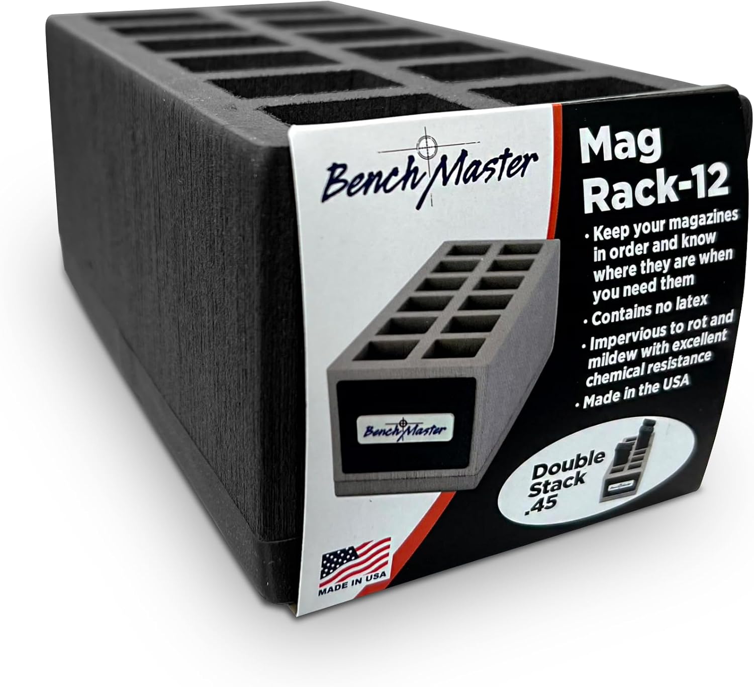 BenchMaster .45 Caliber Double Stack Magazine Rack, Holds up to 12 Magazines, Mag Organizer, Gun Rack & Safe Storage Accessories, 4.35″ x 12.70″ x 4.9″, Made in USA, Black, (BMWRDS45MR12)