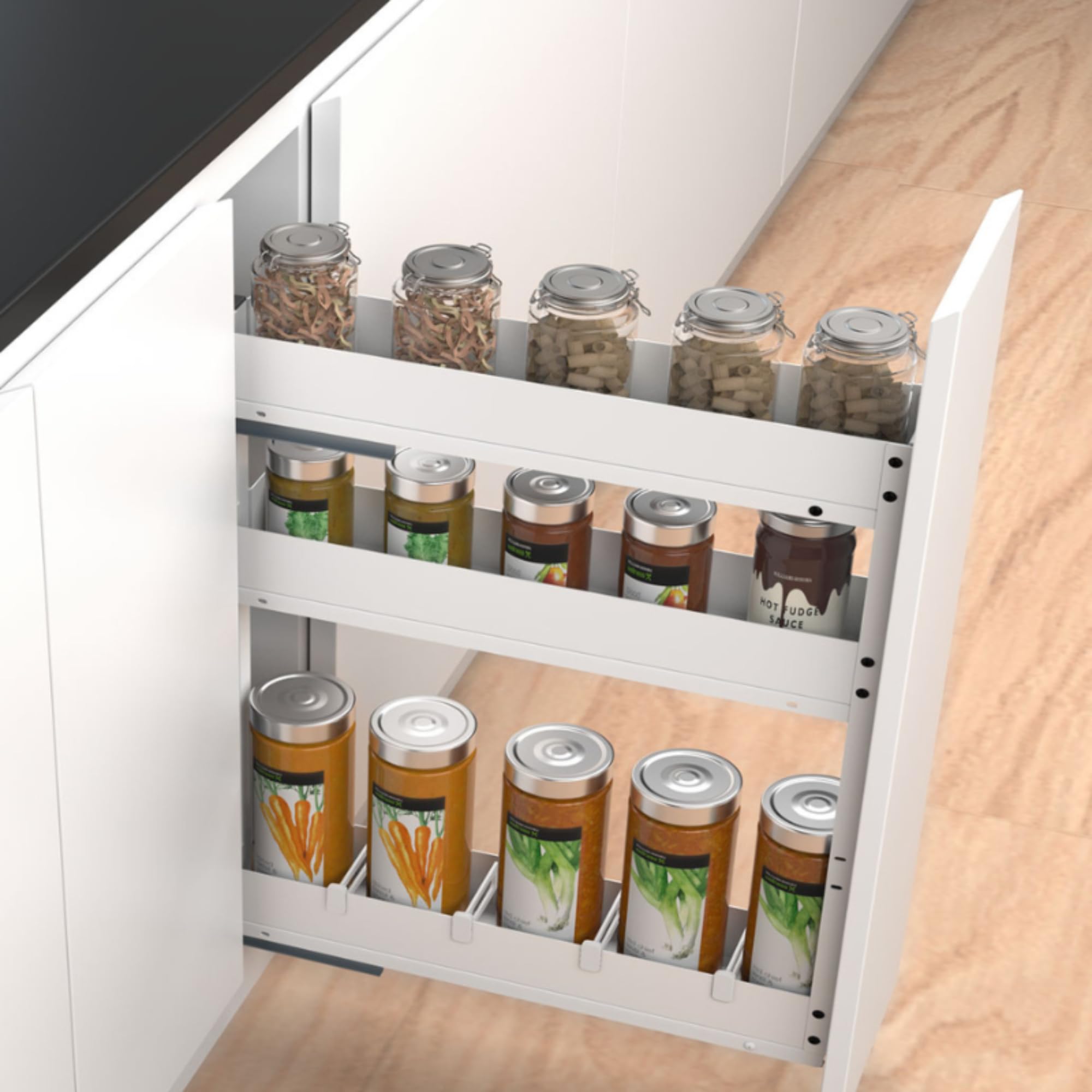 Botellero extraíble Cocina Grafito o Blanco con Cierre Suave | Organizador Deslizante para Mueble de Cocina de Altura 80 cm y Ancho de 15 a 40 cm (Blanco, Ancho Mueble 25 cm)