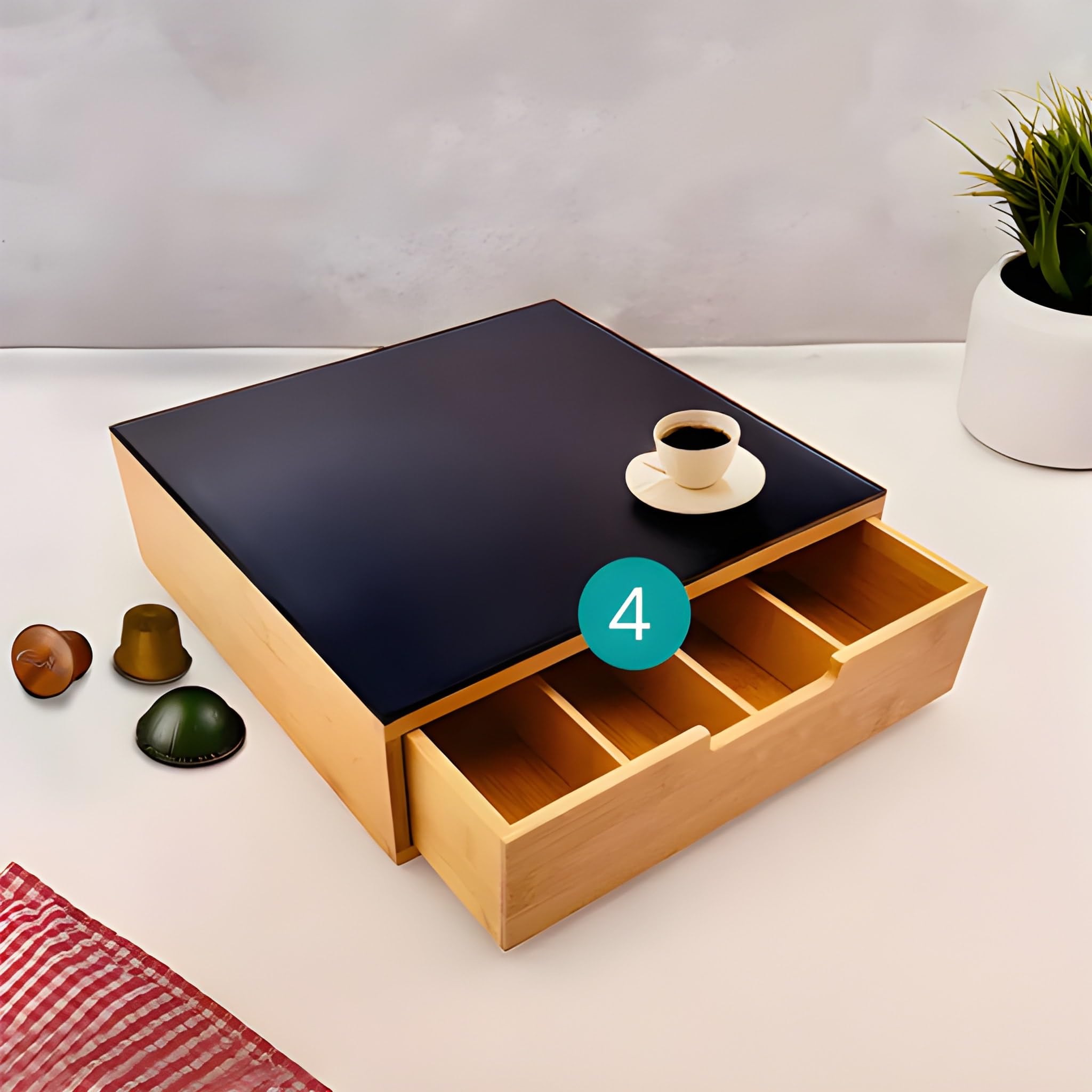 Cassetto Porta Cialde o Capsule in Bamboo e Vetro 31 x 30 x 10 cm