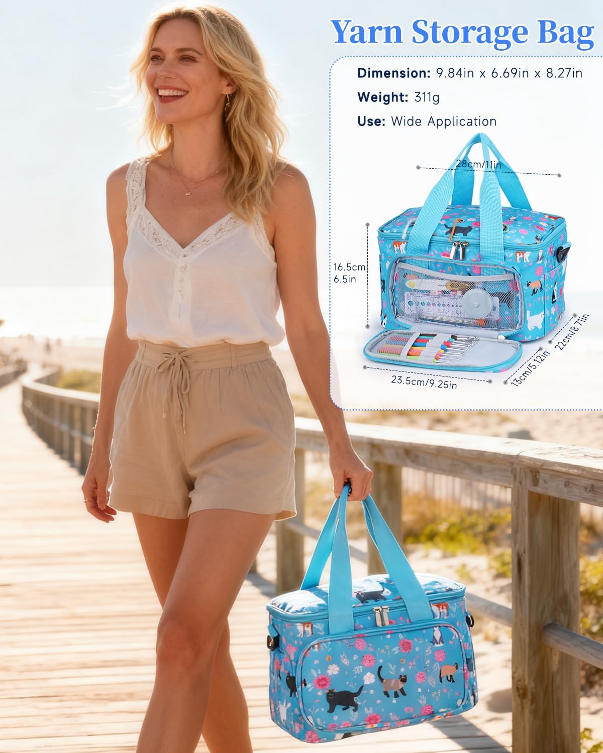 Aeelike Yarn Storage Organizer Travel Crochet Bag, Large Capacity Tote Bags Knitting Bag for Carrying Projects, Knitting Needles,Crochet Hooks and Yarn, Blue Cat Flower