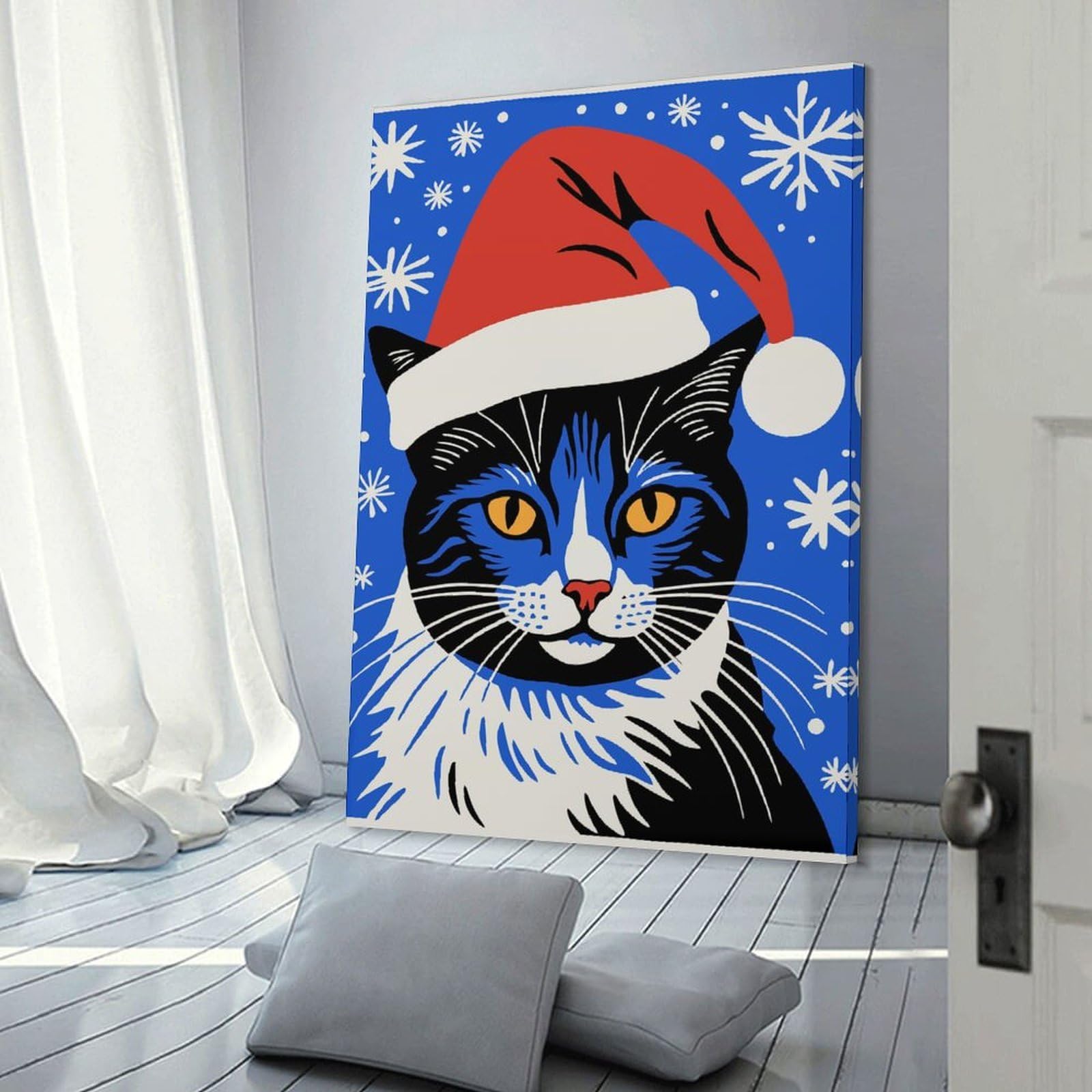Junmoney Room Decor Wall Art Cat in Santa Hat, 24x36inch(60x90cm), for Wall Displays, Bedrooms Or Room Updates, A Versatile Canvas Print for Layering