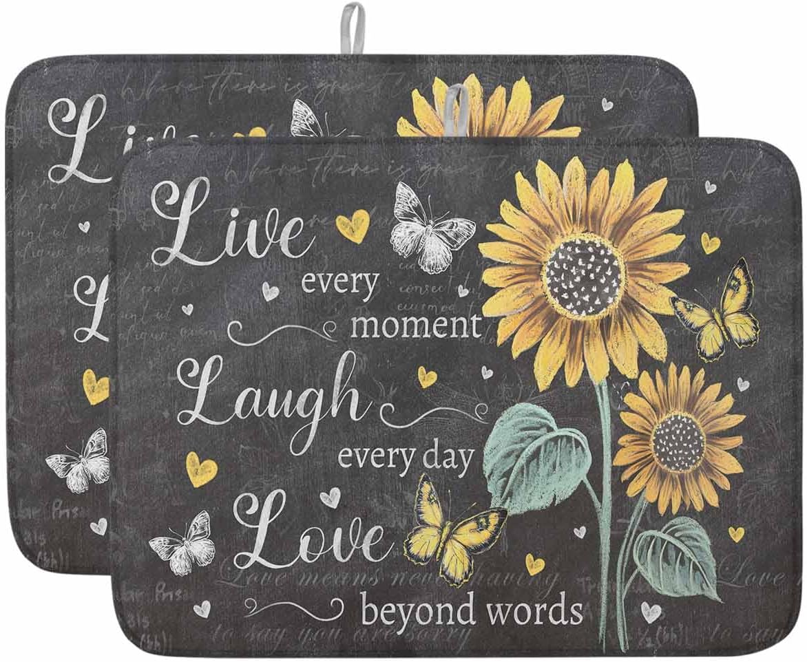 Dish Drying Mat for Kitchen, Farmhouse Sunflower Butterfly Vintage Blackboard Grain Absorbent Dish Drying Pad, Kitchen Counter Mat for Dishes Utensils Camping, 18"x24"(2 Pcs)